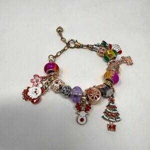Christmas Holiday Charm Bracelet Santa Reindeer Enamel Glass Beads Gold Tone